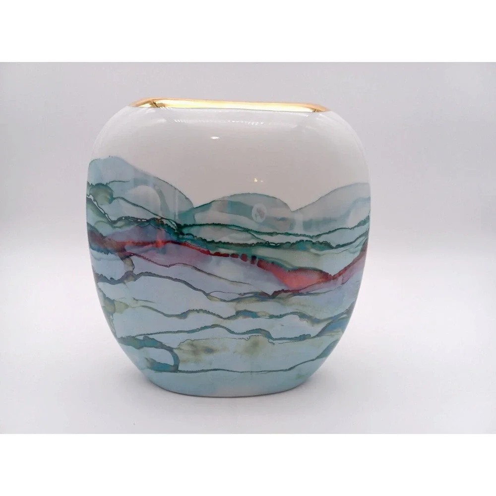Pottery Watercolor Vase Luster Ware Gold Rim Abstract Ceramic Green Oval Narrow